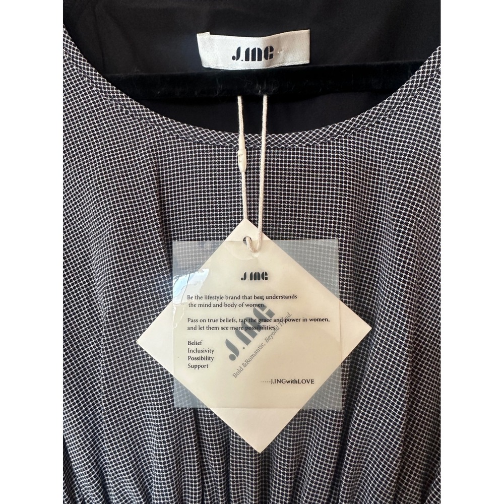 J.ING Women Black White Micro Check Smocked Waist Midi Dress Puff Sleeve XS NWT - Picture 2 of 10